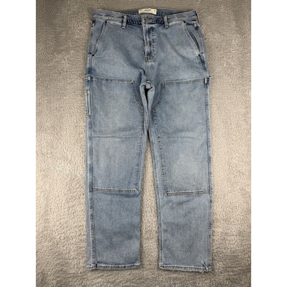 Hollister Carpenter Double Knee Jean Men 34x32 Blue Light Wash Loose Y2K Utility